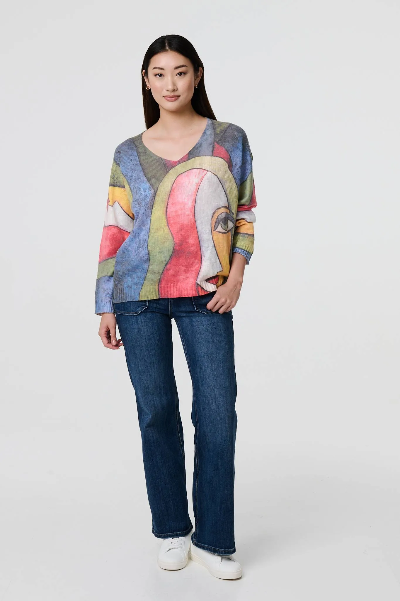 Abstract Print Long Sleeve Knit Jumper