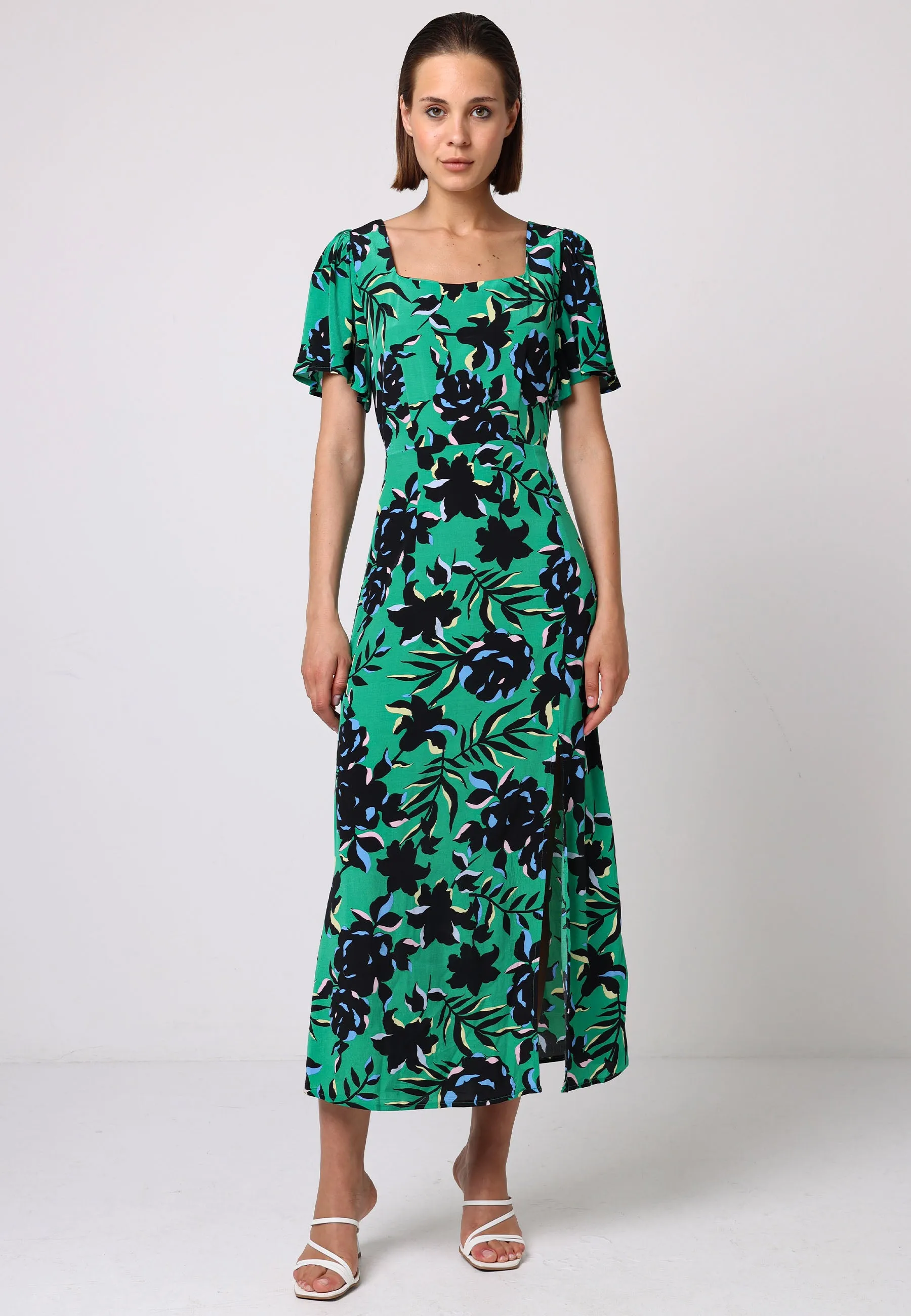 Angel Sleeves Green Midi Dress With Side Slit In Black Floral Print