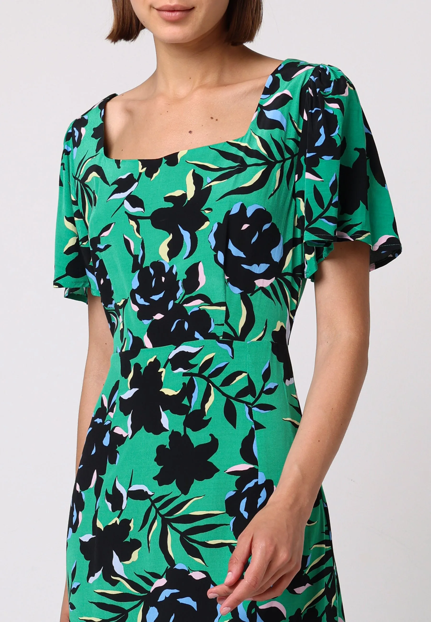 Angel Sleeves Green Midi Dress With Side Slit In Black Floral Print