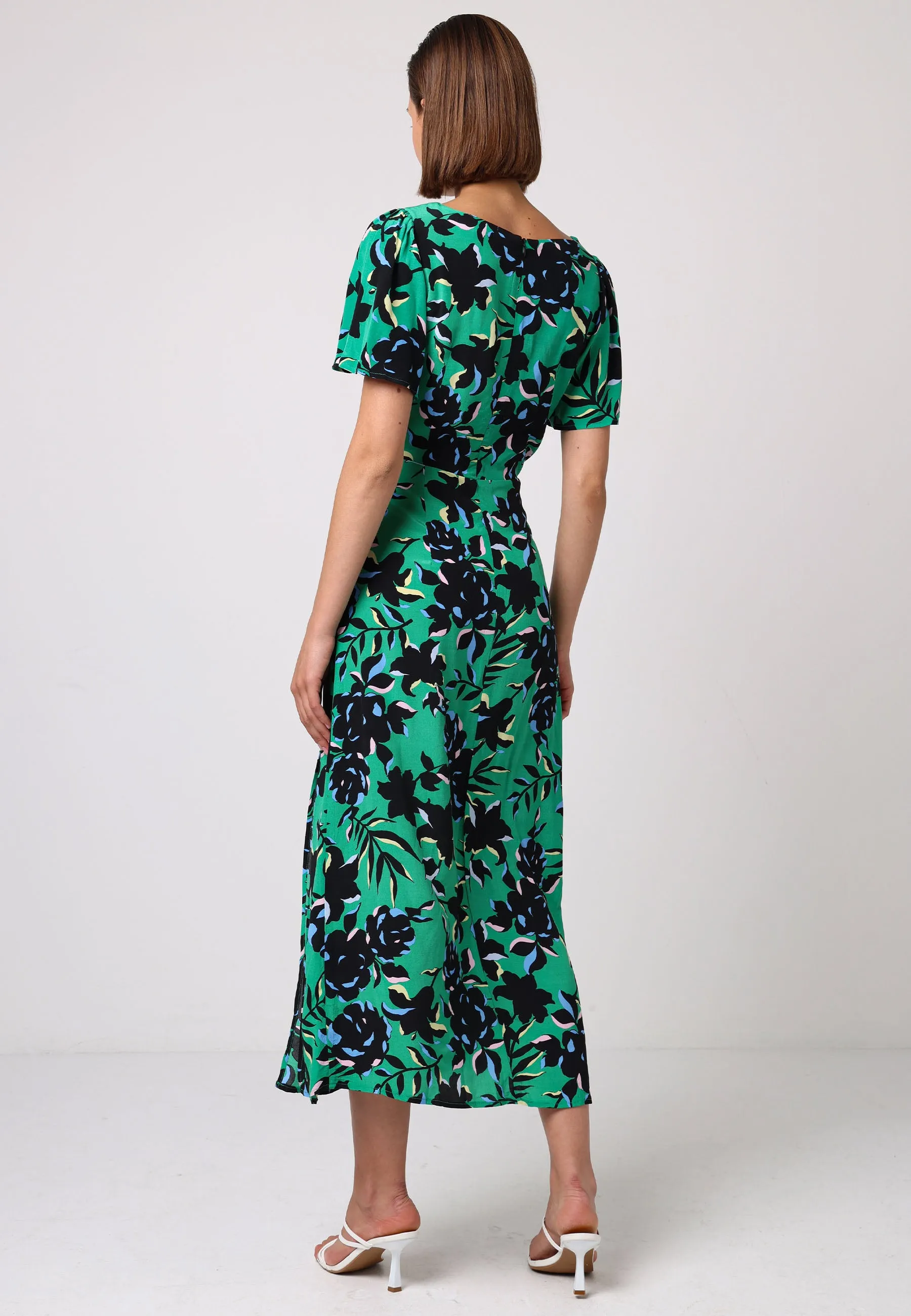 Angel Sleeves Green Midi Dress With Side Slit In Black Floral Print