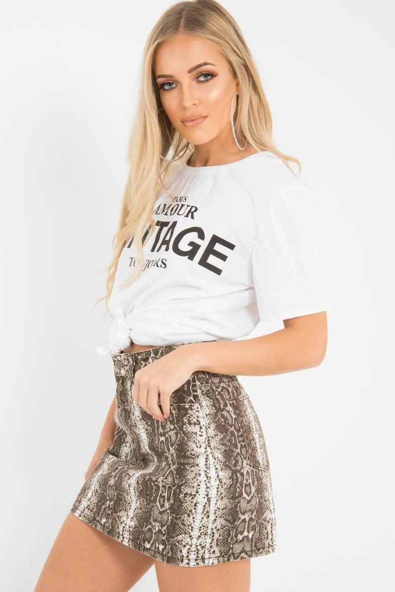 Beige Snake Print Denim Mini Skirt - Antonia