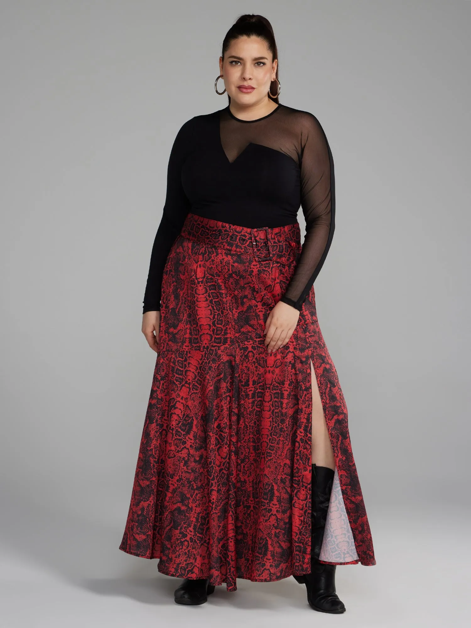 Belted Snake Print Maxi Skirt