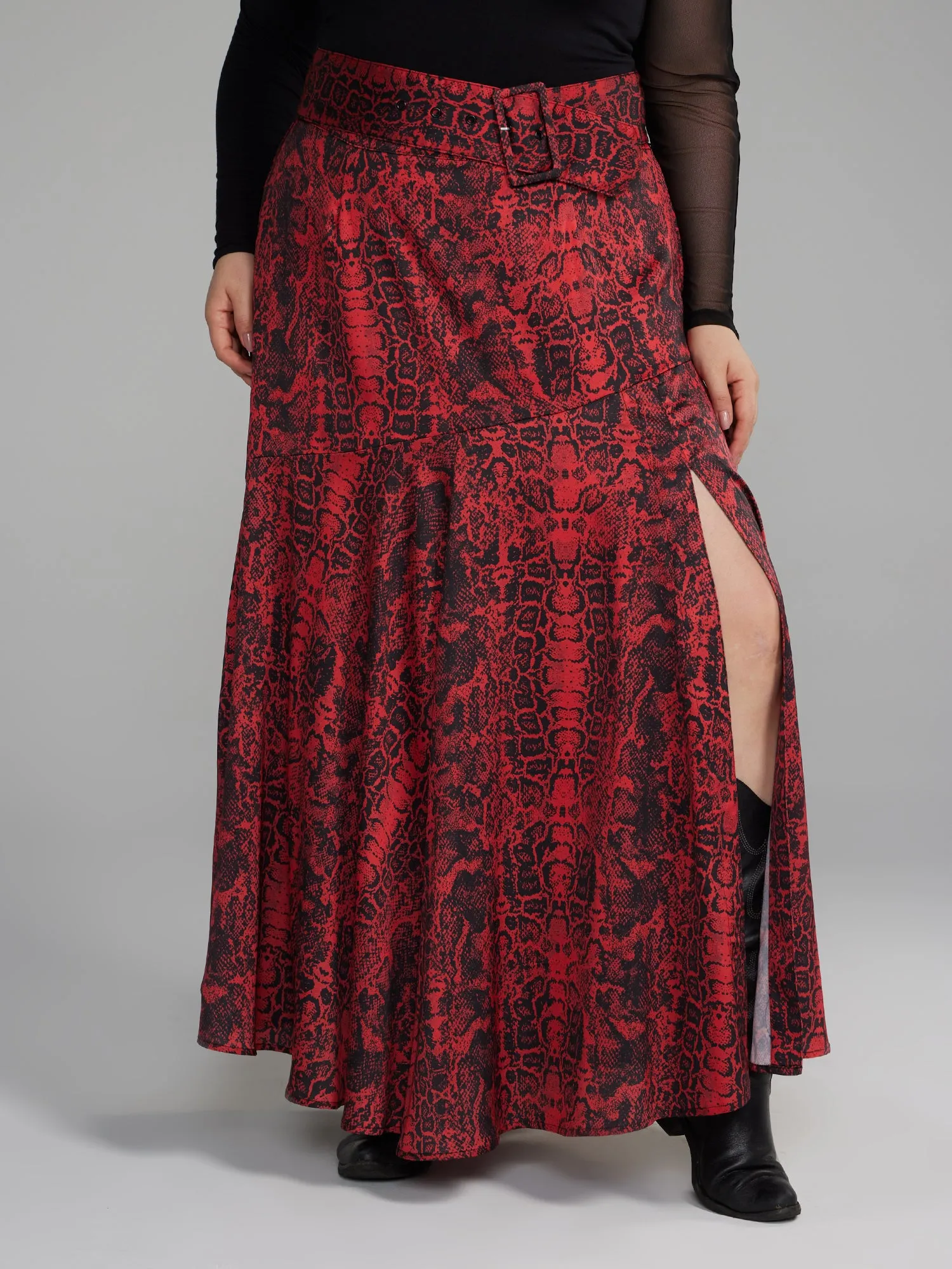 Belted Snake Print Maxi Skirt