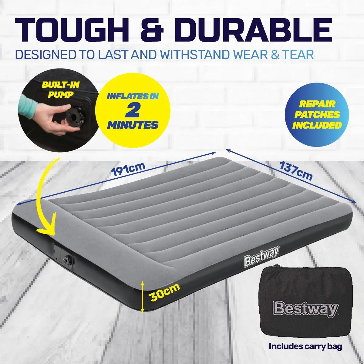 Bestway Double Inflatable Air Bed Tritech Built-In Pump Heavy Duty