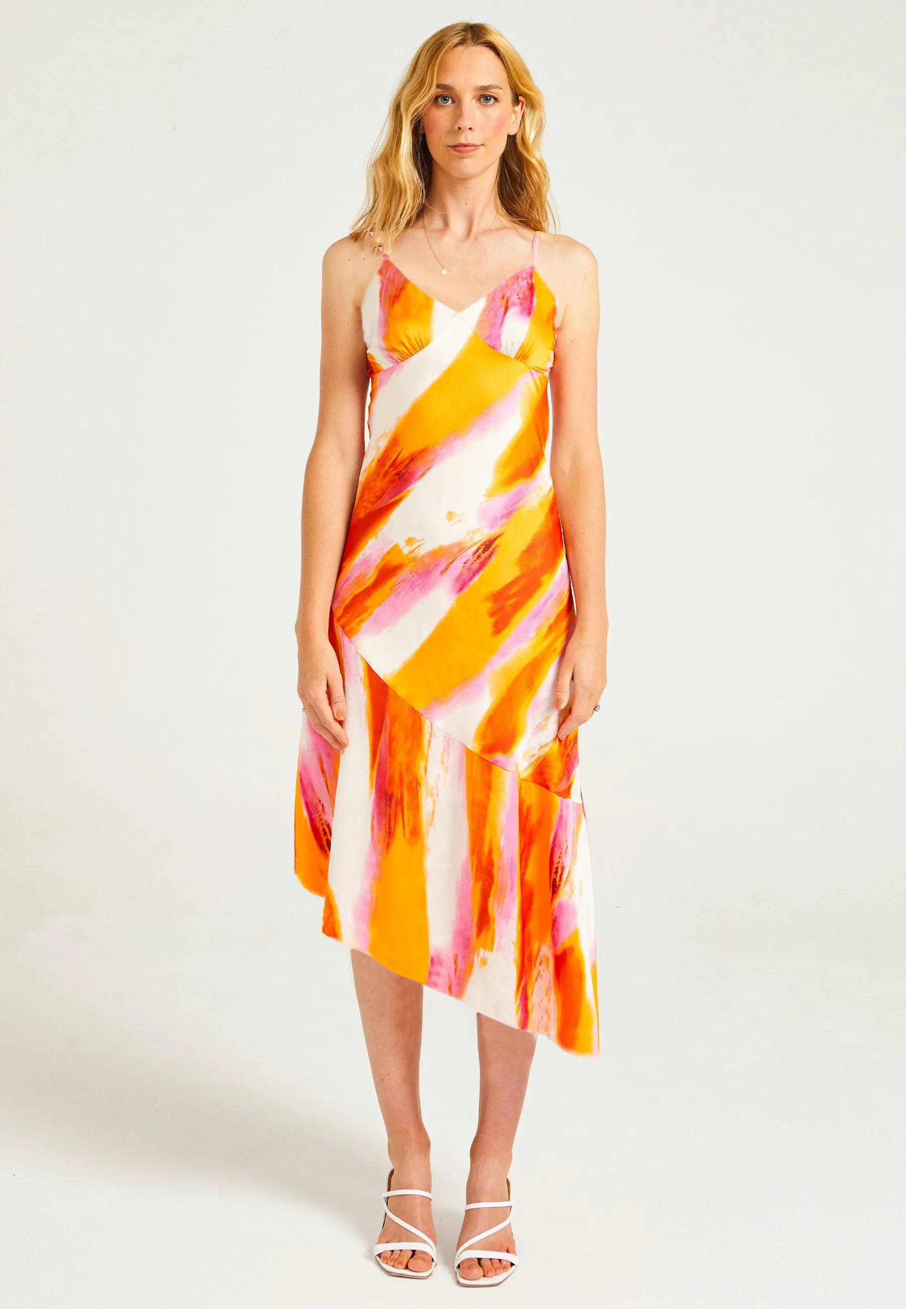 Bias Hem Cami Dress In Multi Abstract Print