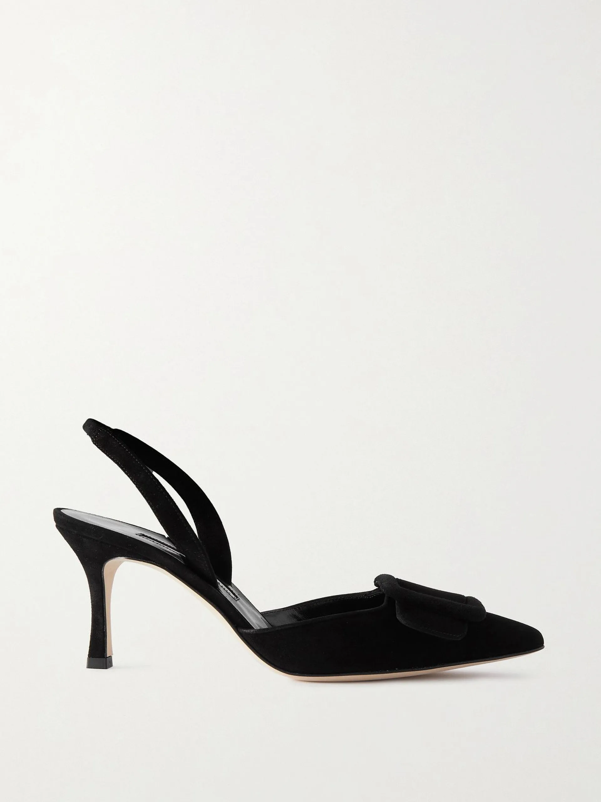 Black buckled suede slingback pumps