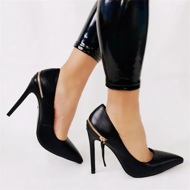 Black Faux Leather High Heel Pumps With Zip Detail