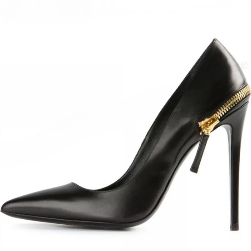 Black Faux Leather High Heel Pumps With Zip Detail