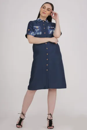 Blue Knee Length Comfortable Formal Shirt Dress