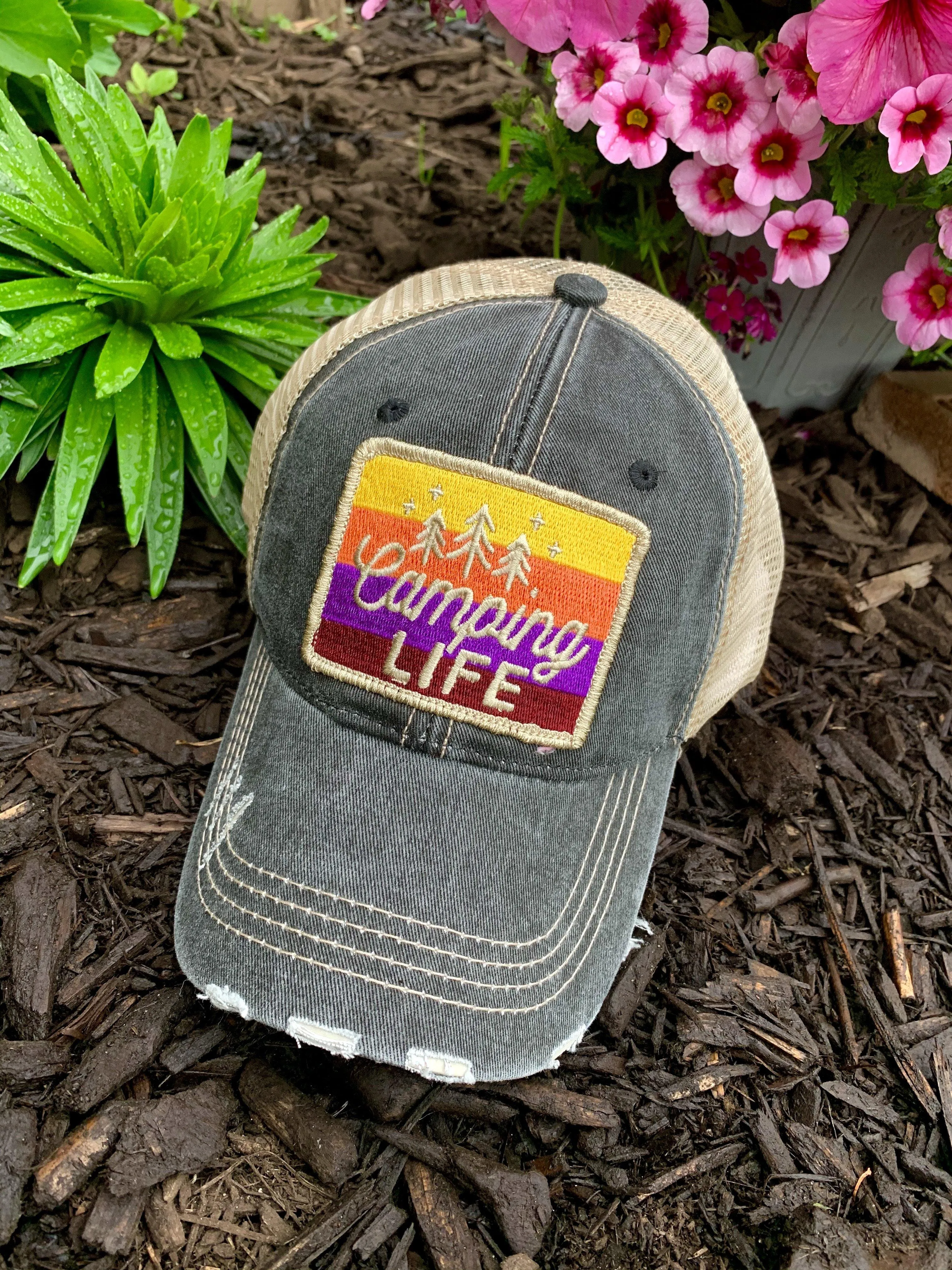 Camp hats! Hats { Camping life } 4 colors. Embroidered distressed trucker caps.