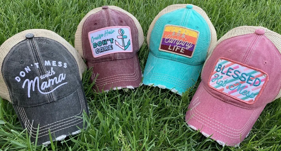 Camp hats! Hats { Camping life } 4 colors. Embroidered distressed trucker caps.