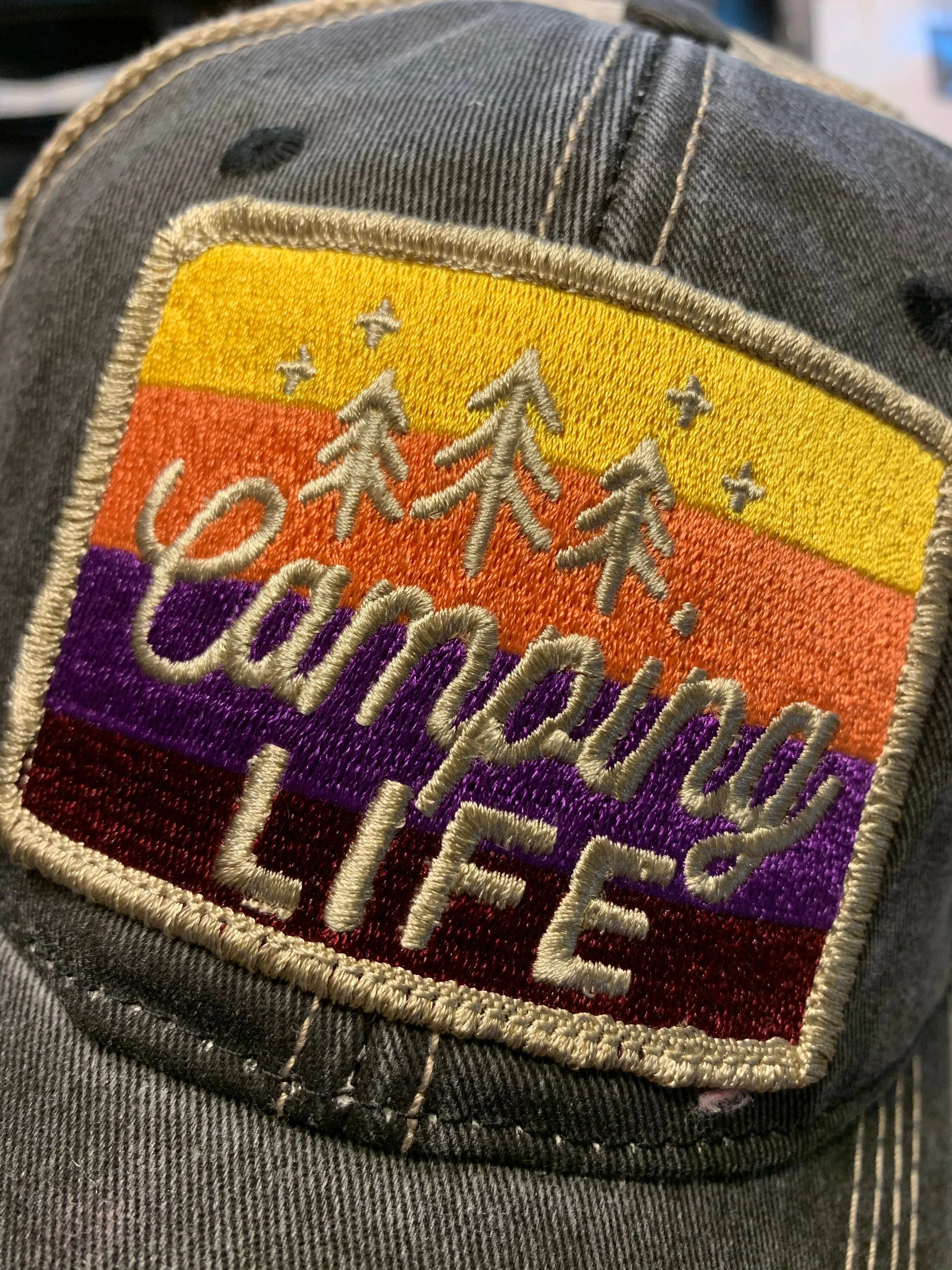 Camp hats! Hats { Camping life } 4 colors. Embroidered distressed trucker caps.