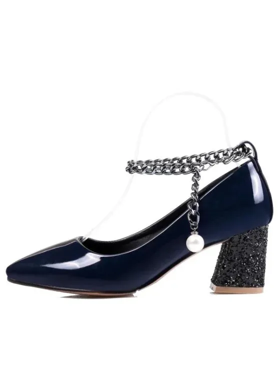 Cheap Block Heel Chain Faux Pearl Pumps