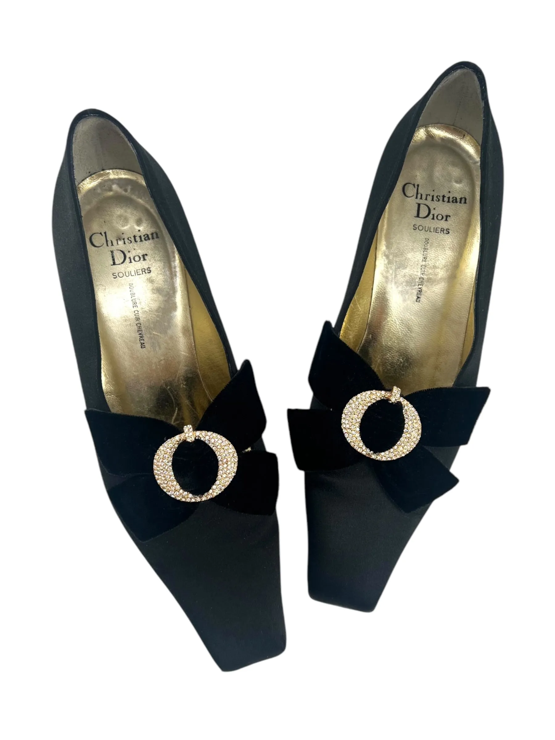 Christian Dior 70s Black Satin Velvet Rhinestone Buckle Pumps, 8 1/2