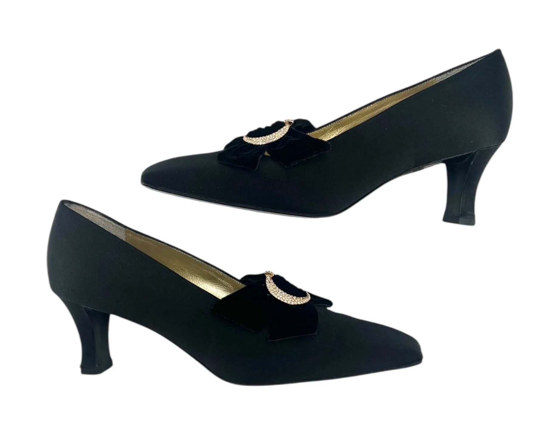 Christian Dior 70s Black Satin Velvet Rhinestone Buckle Pumps, 8 1/2