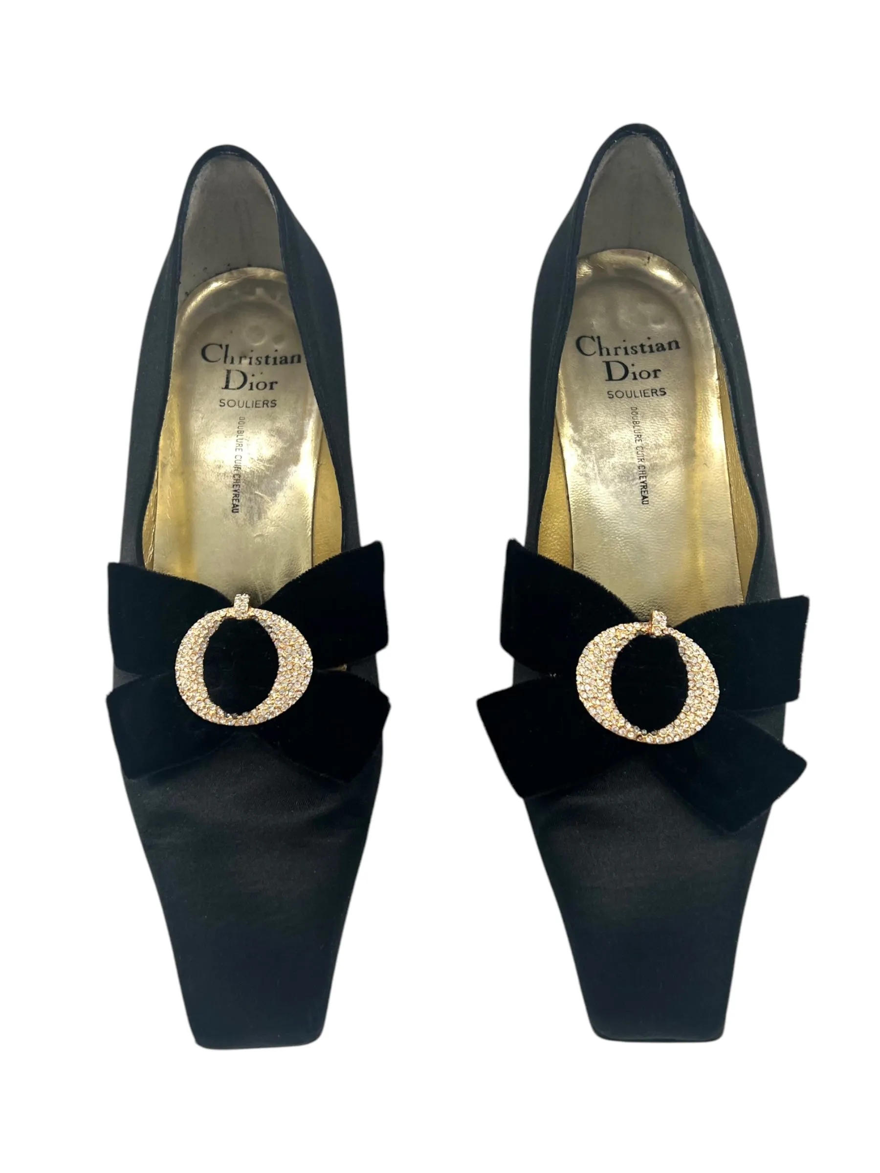 Christian Dior 70s Black Satin Velvet Rhinestone Buckle Pumps, 8 1/2