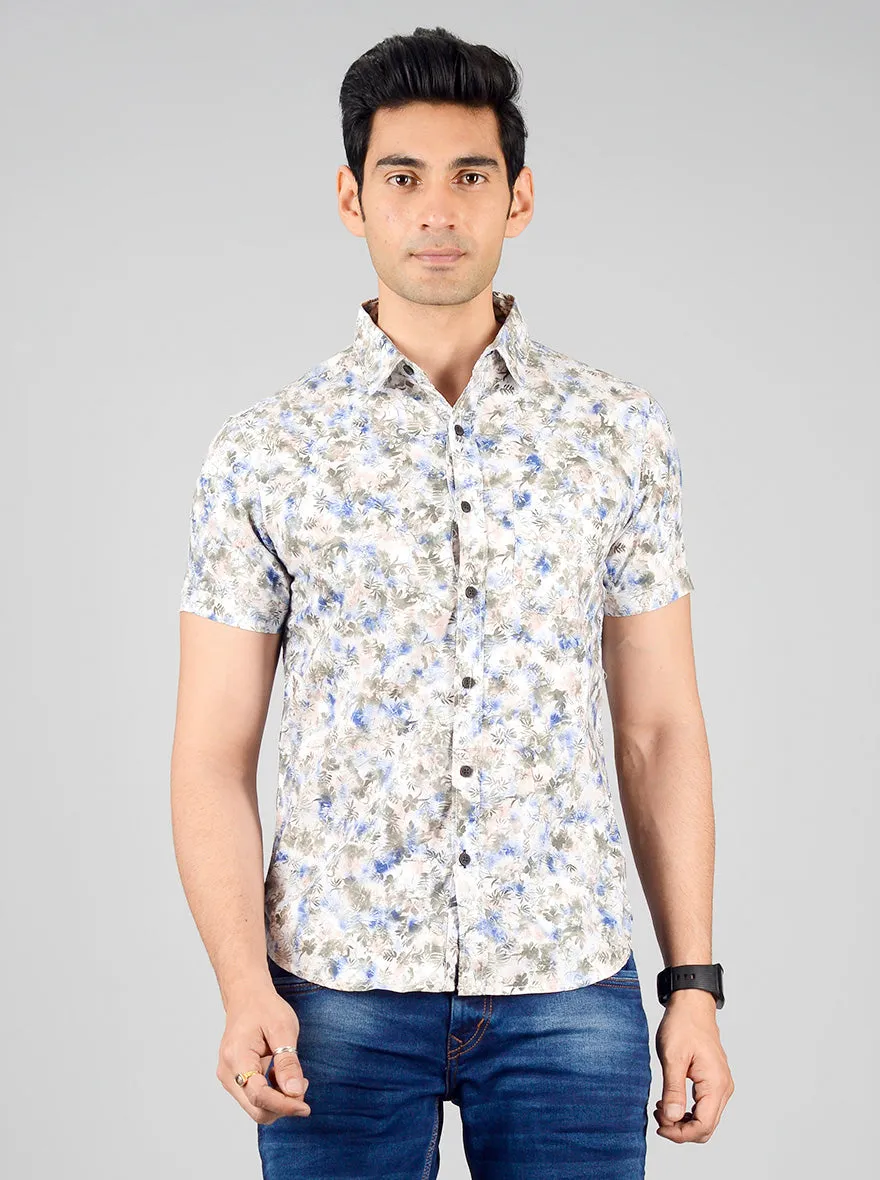 Cream & Blue Printed Slim Fit Casual Shirt | Greenfibre