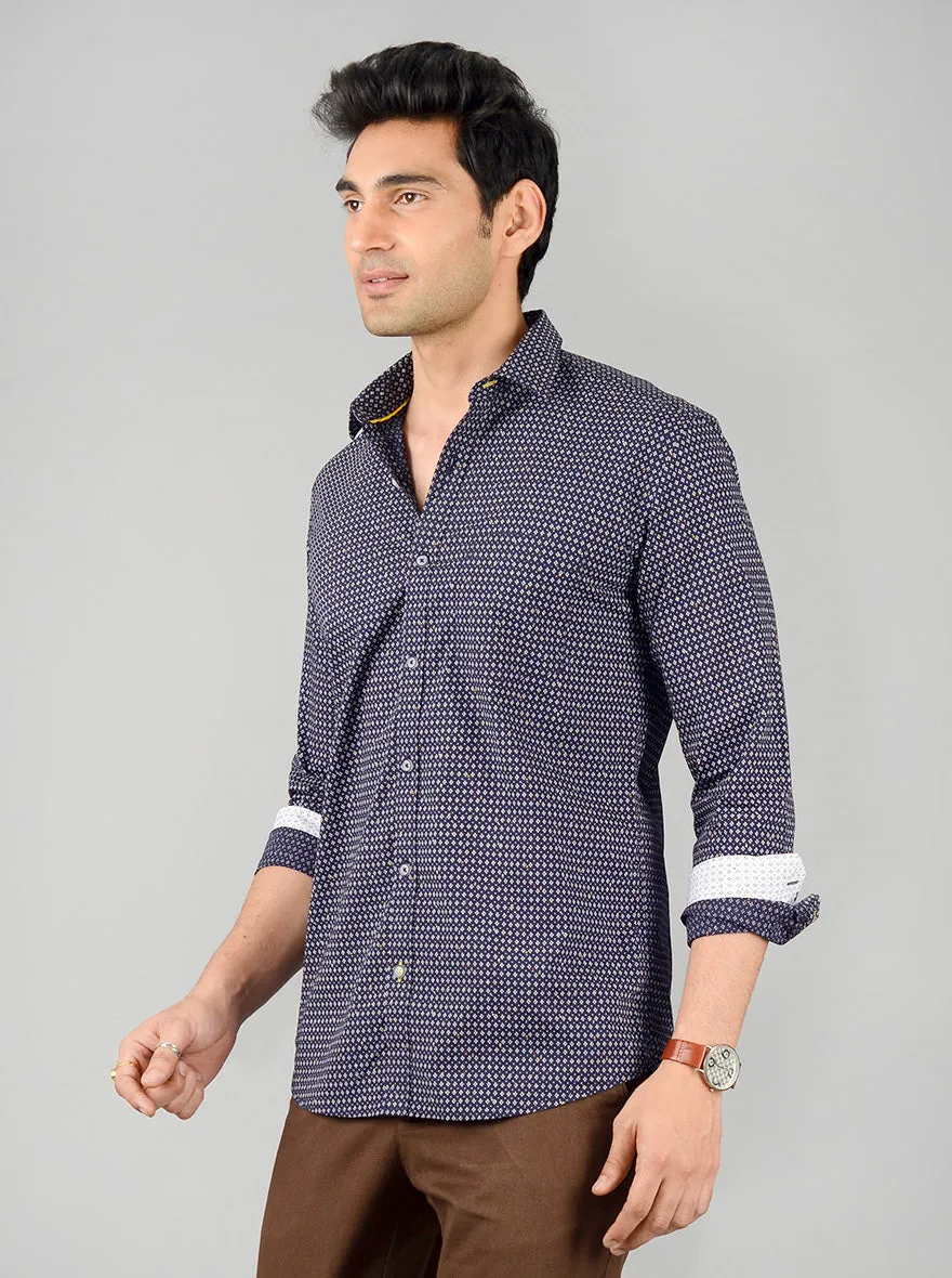 Dark Blue Printed Slim Fit Casual Shirt | Greenfibre