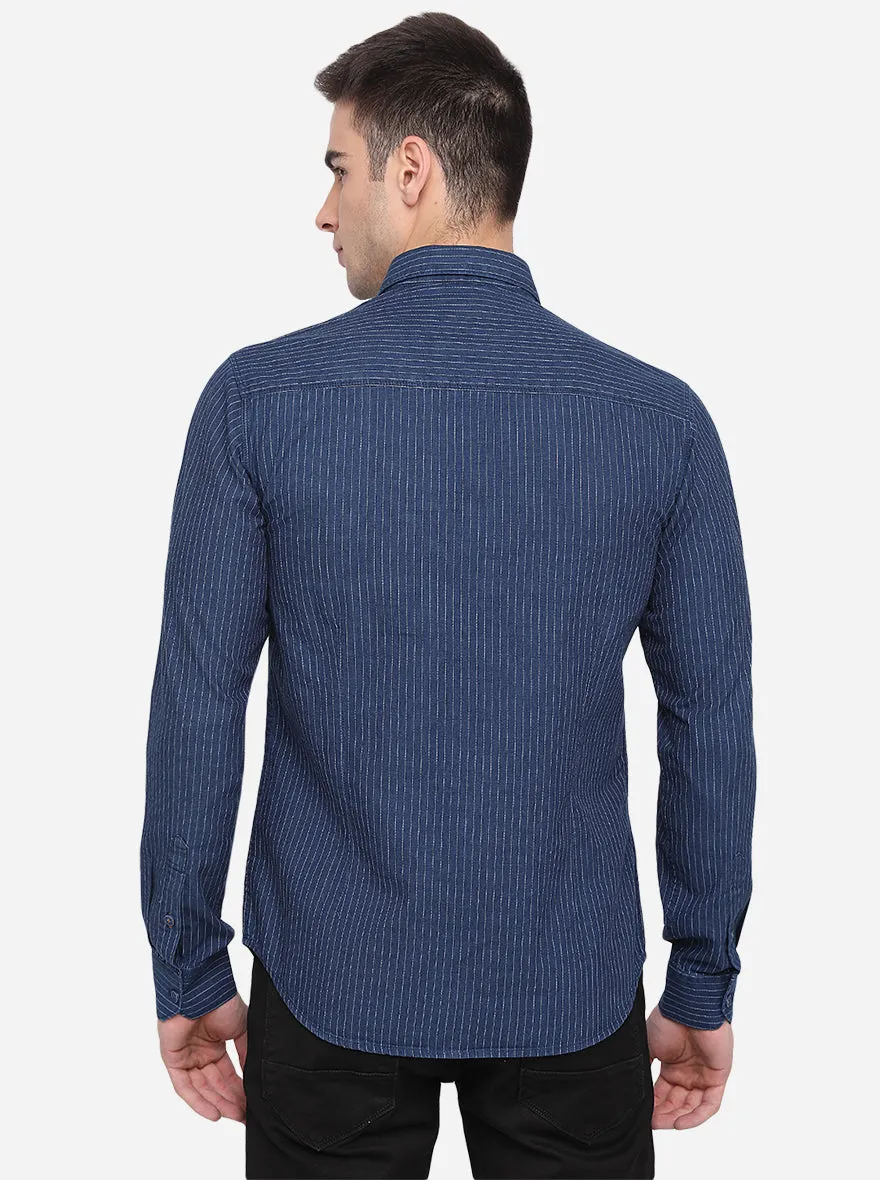 Dark Blue Striped Slim Fit Casual Shirt | Greenfibre