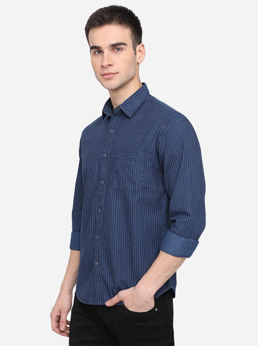 Dark Blue Striped Slim Fit Casual Shirt | Greenfibre