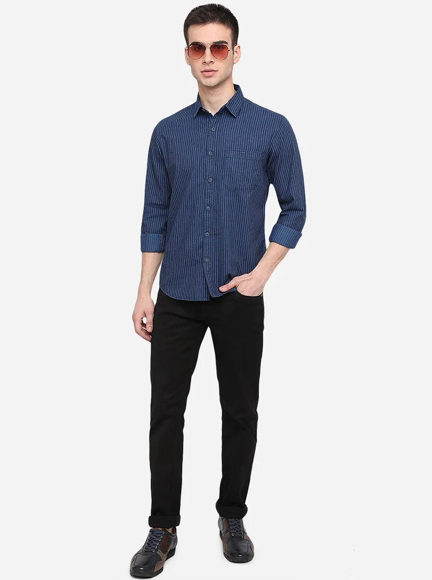 Dark Blue Striped Slim Fit Casual Shirt | Greenfibre