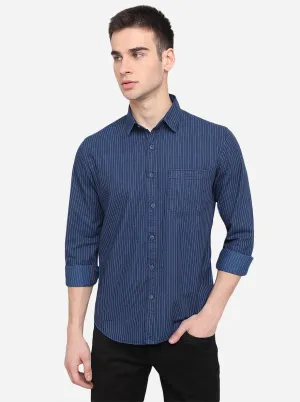 Dark Blue Striped Slim Fit Casual Shirt | Greenfibre