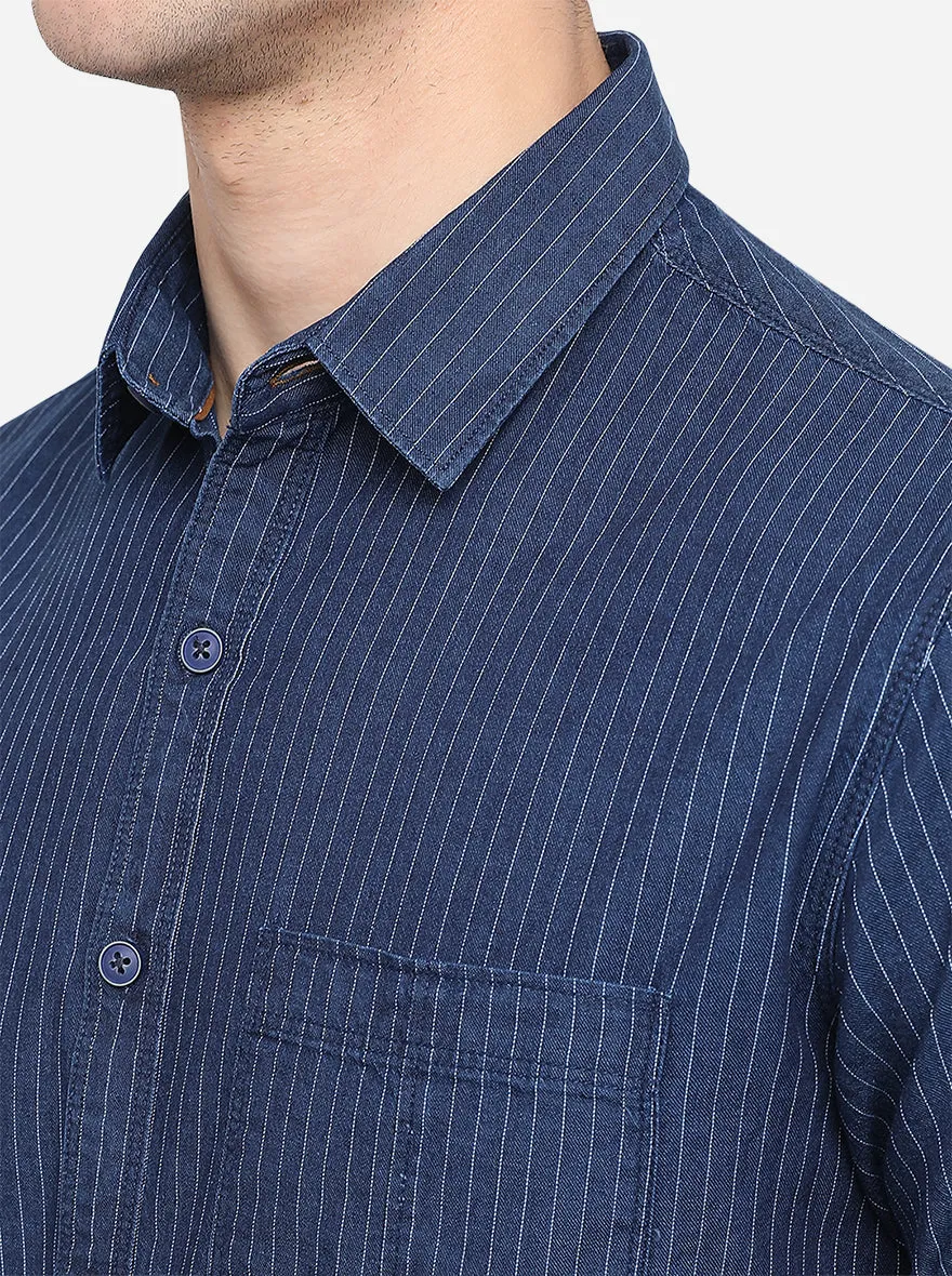 Dark Blue Striped Slim Fit Casual Shirt | Greenfibre