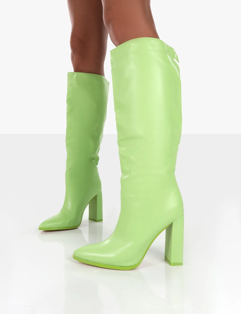 Far Away Lime Grain PU Square Toe Knee High Block Boots