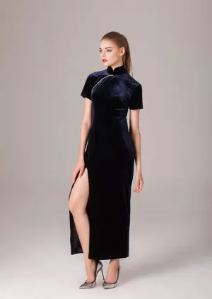 Forget Me Not Velvet Qipao Dress (Dark Blue)