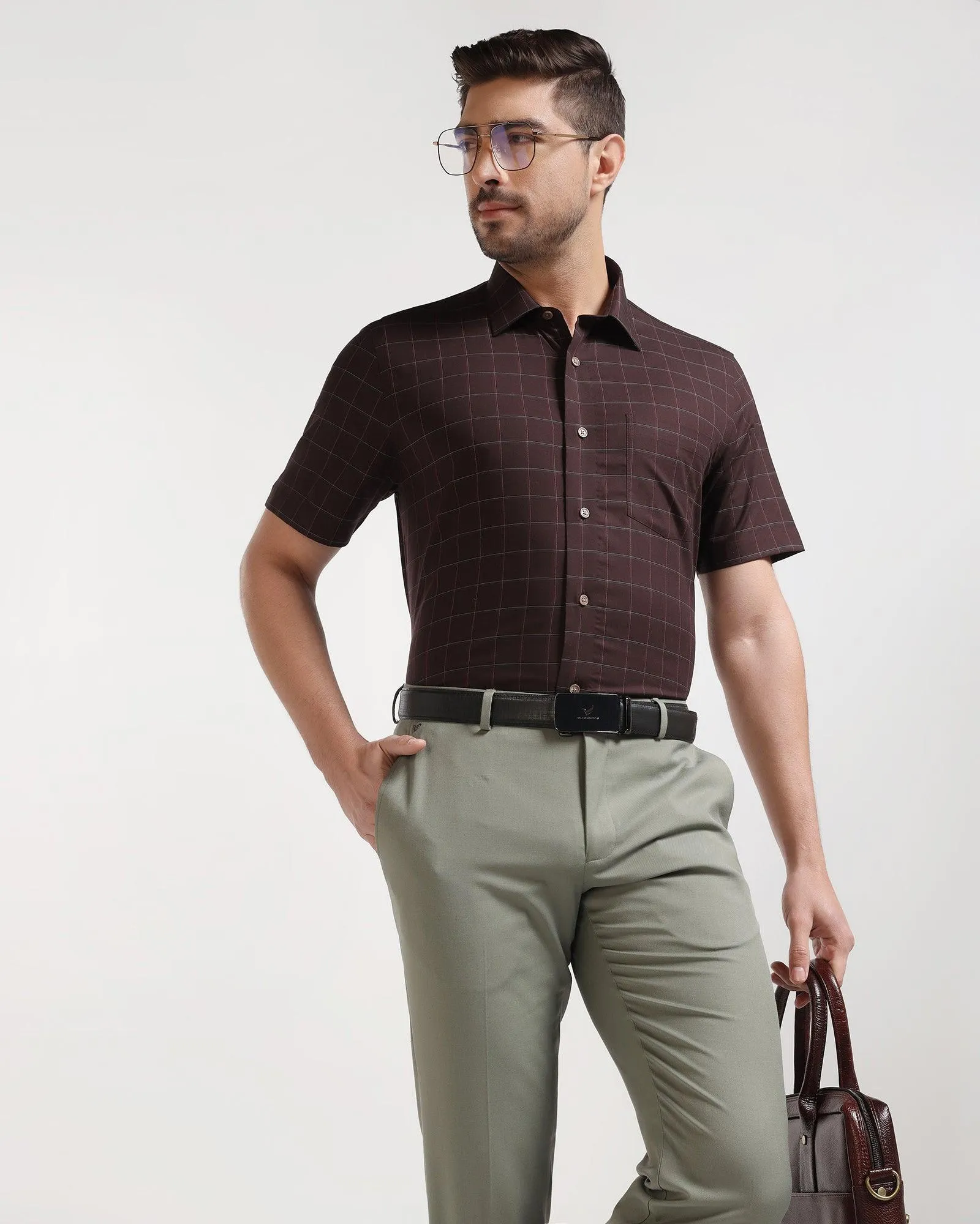 Formal Half Sleeve Wine Check Shirt - Rawn