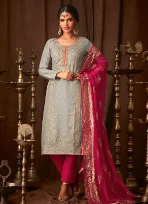 Grey And Pink Embroidered Indian Pant Suit