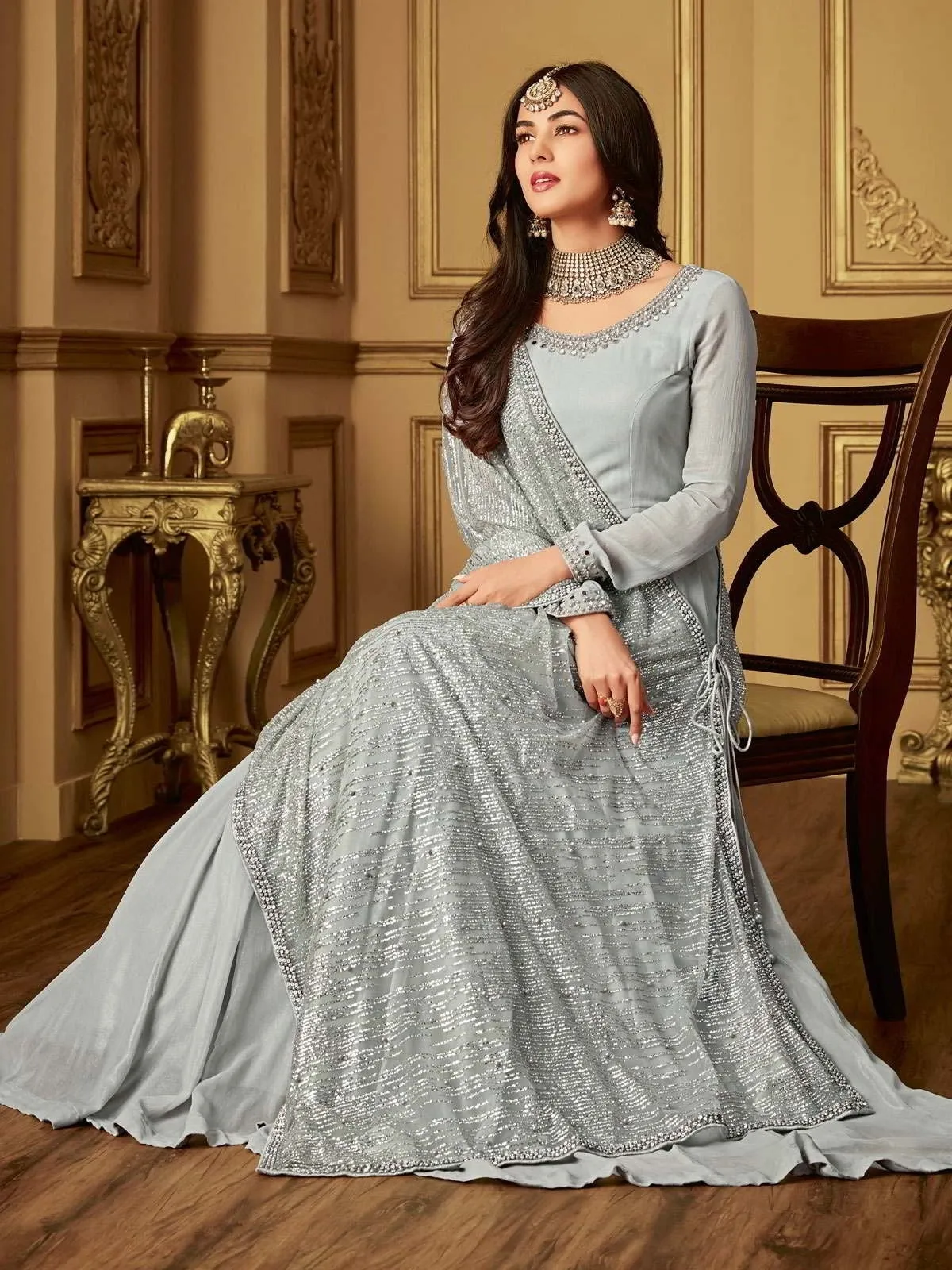 Grey Glammed Minimalist Embroidered Flared Anarkali Suit