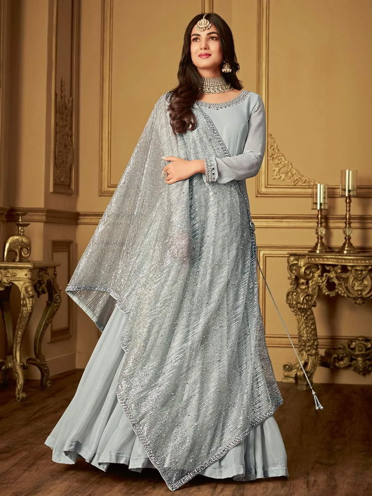 Grey Glammed Minimalist Embroidered Flared Anarkali Suit