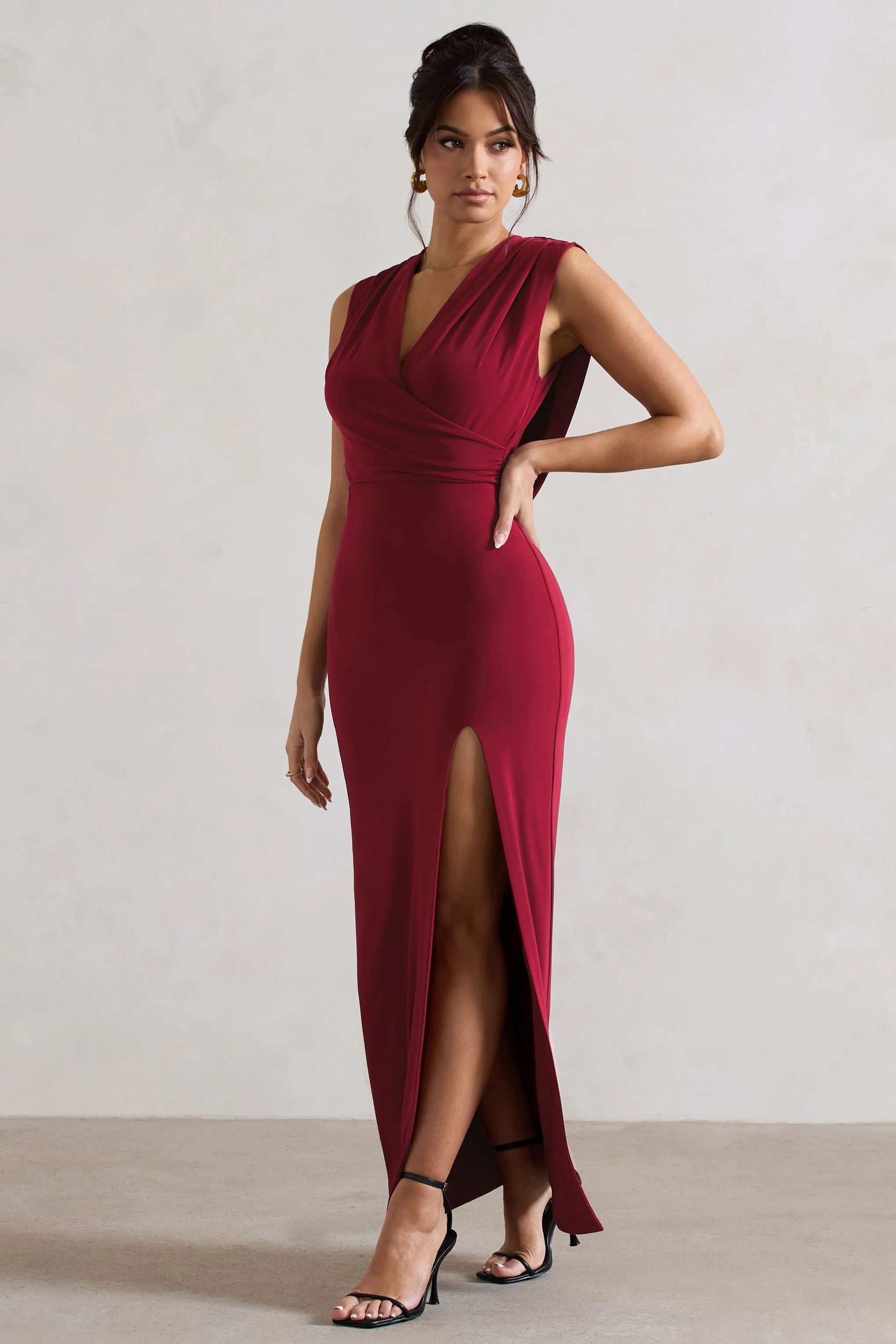 Honour | Berry V-Neck Split Maxi Dress With Cowl-Back