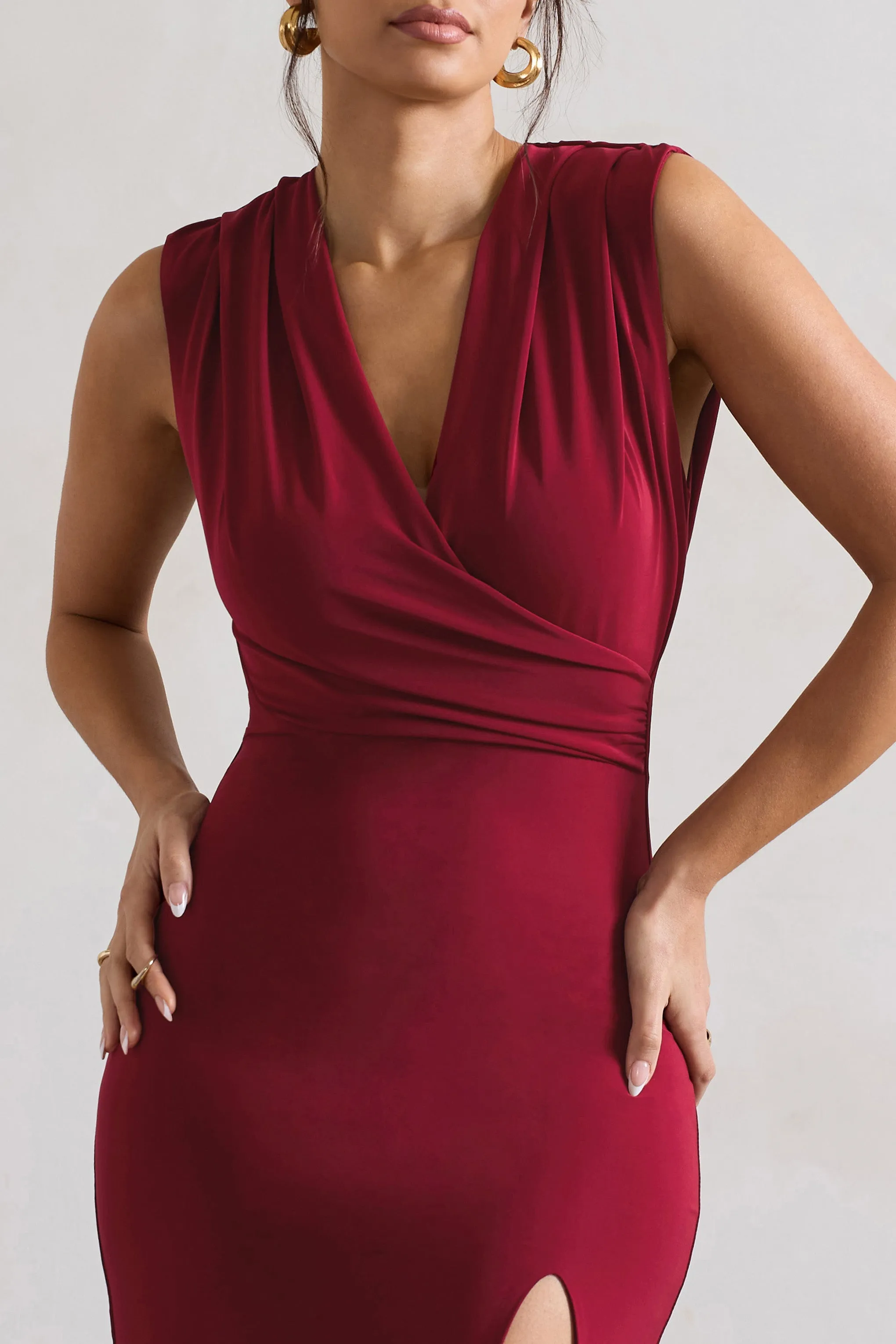 Honour | Berry V-Neck Split Maxi Dress With Cowl-Back