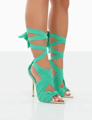 Huni Teal Chiffon Ribbon Tie Up Gold Stiletto Heels