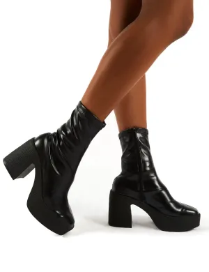 Jade Black PU Block Heeled Ankle Boots