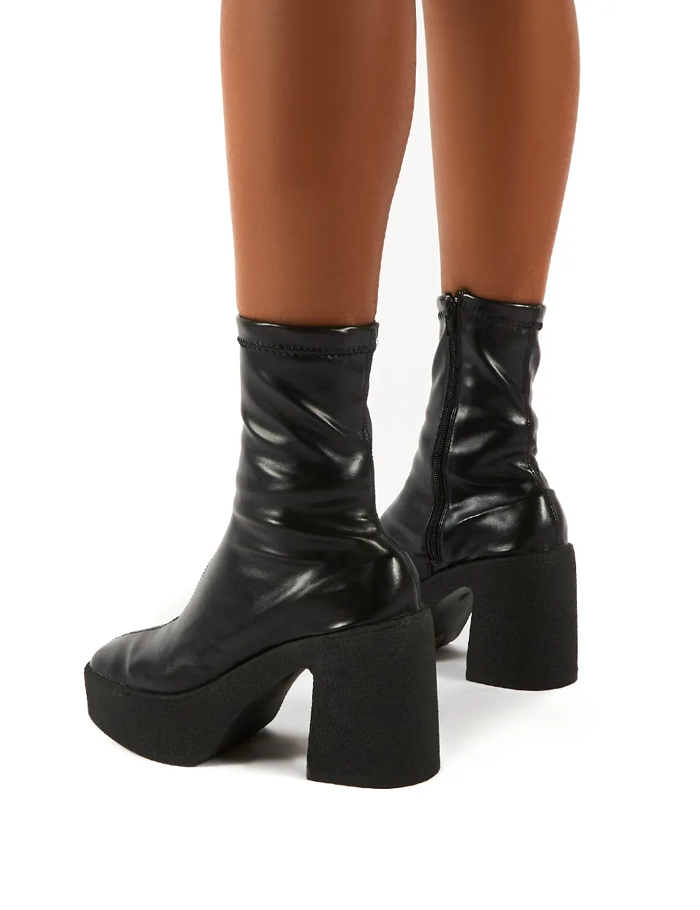 Jade Black PU Block Heeled Ankle Boots