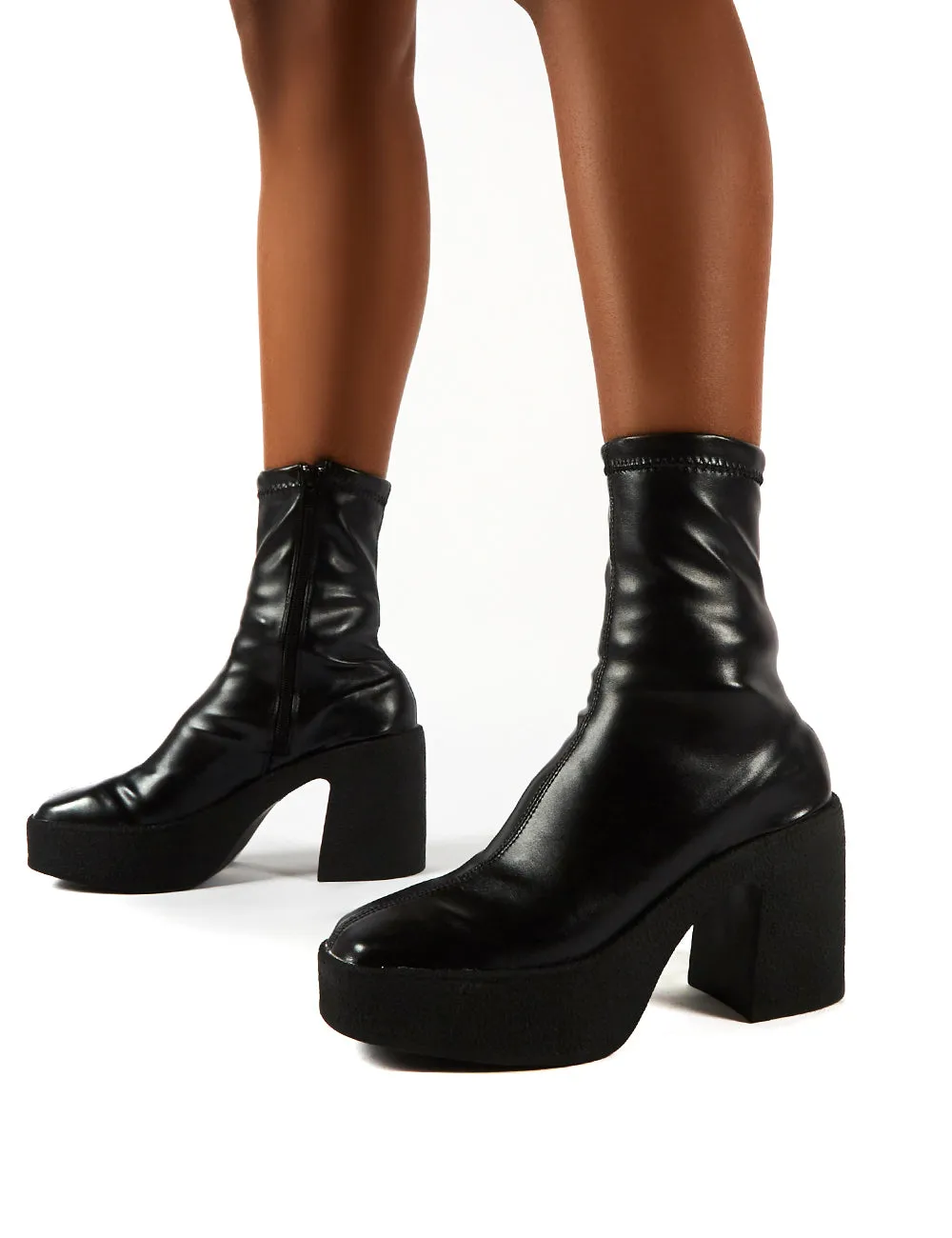 Jade Black PU Block Heeled Ankle Boots