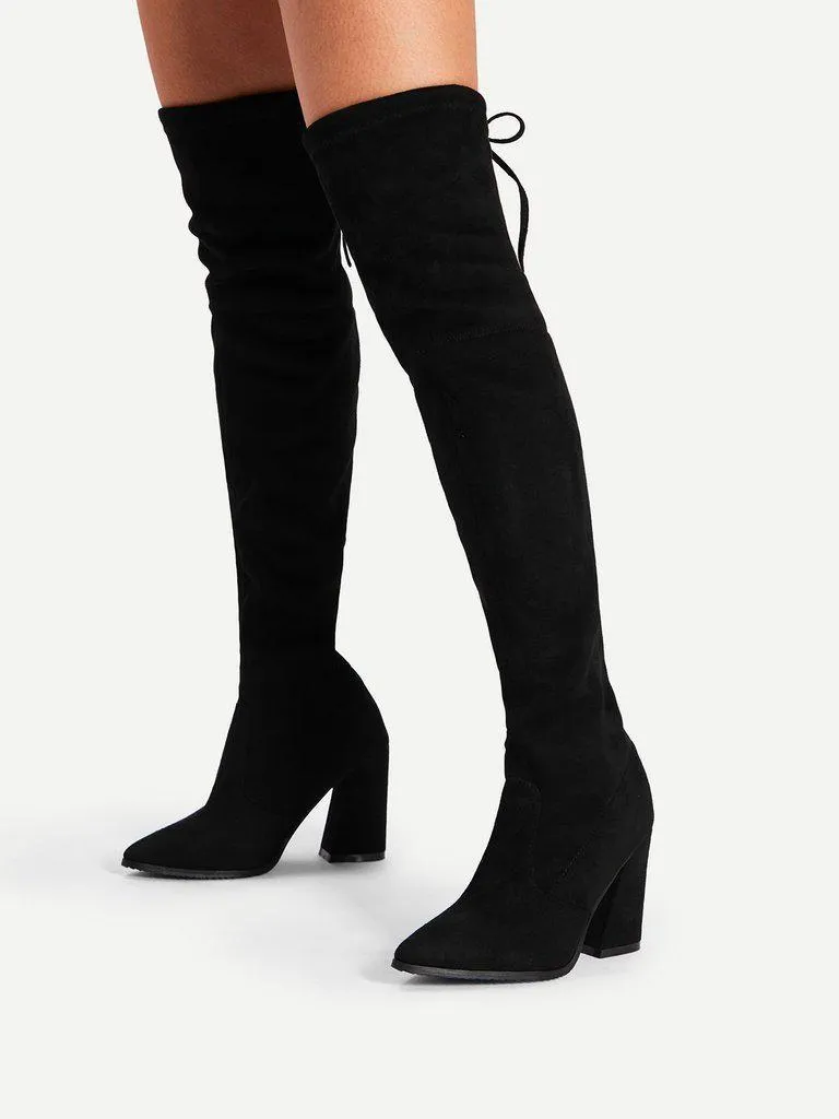 Lace Up Block Heeled Thigh High Boots