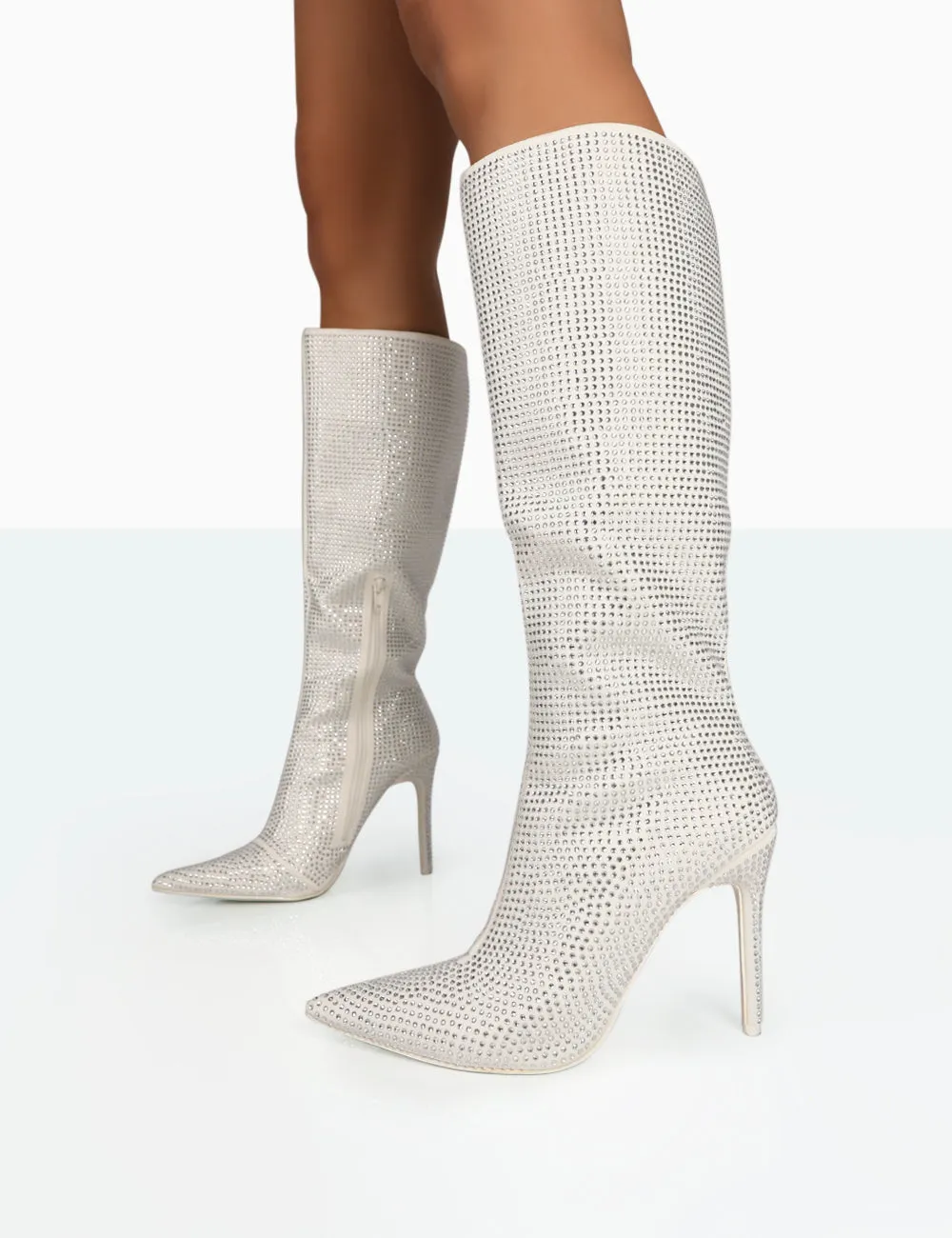 Lexi Silver Diamante Stiletto Knee High Boots