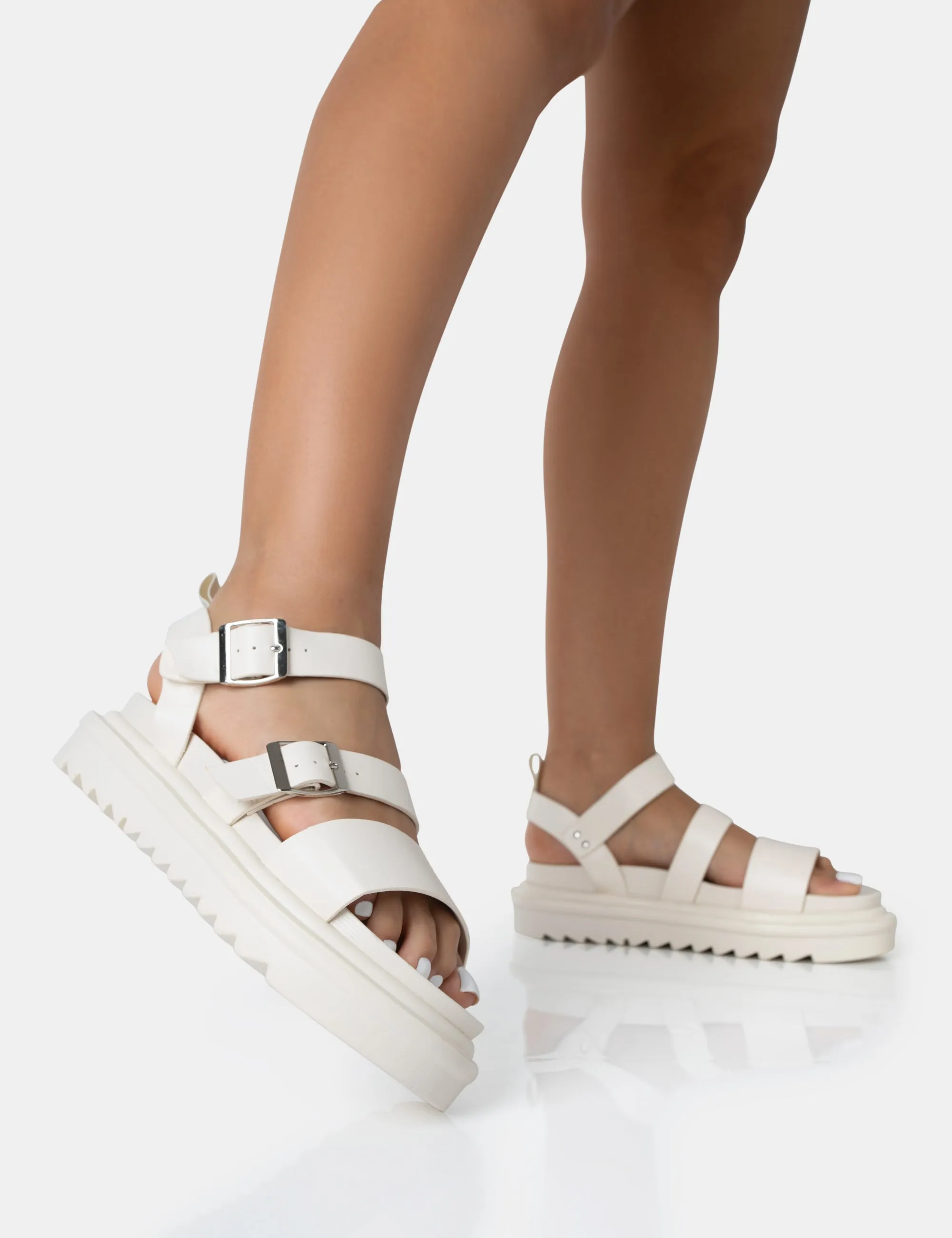 Macy Ecru PU Chunky Buckle Strap Sandals