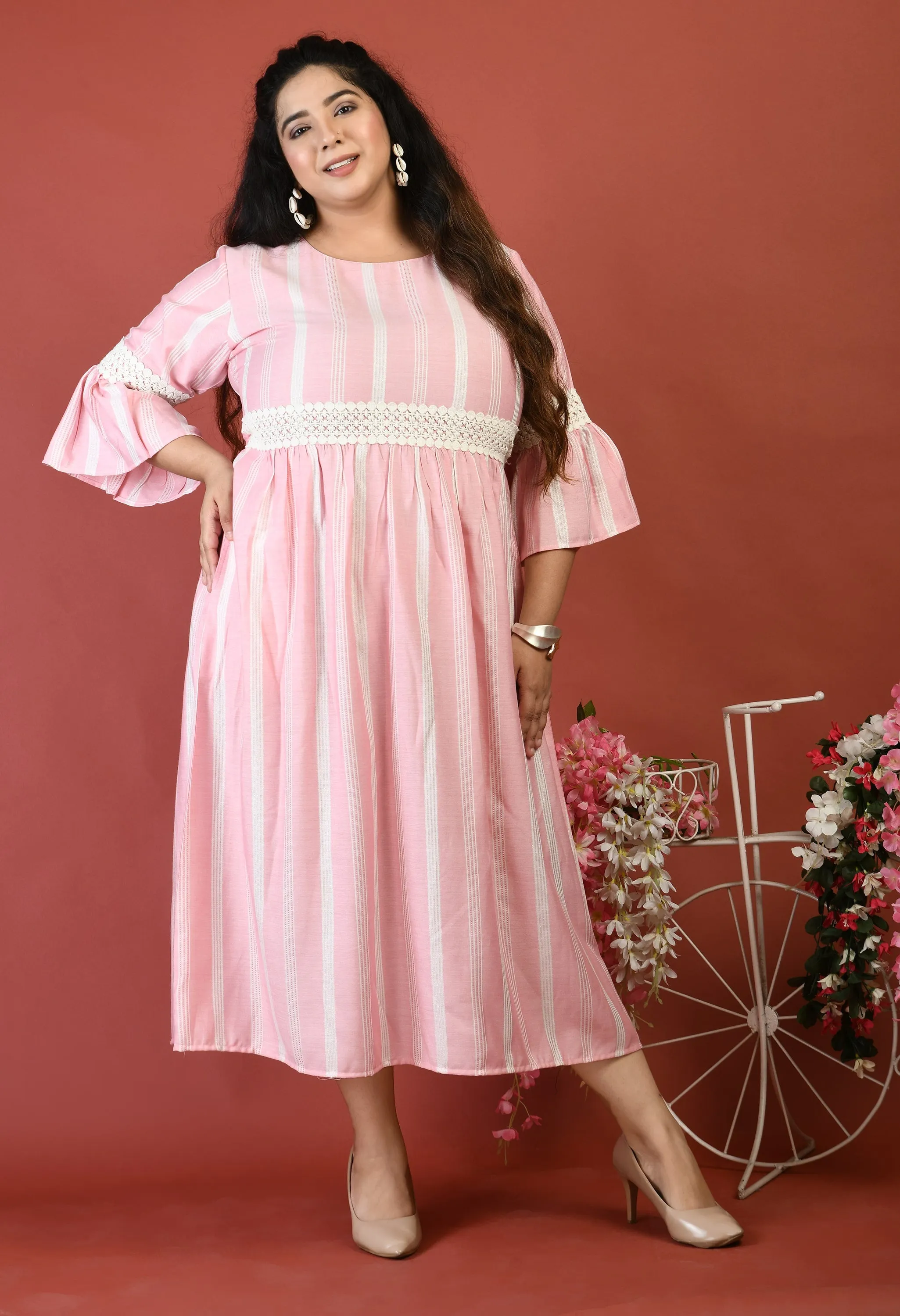 Plus Size Plus Size Pink Striped Lace Dress