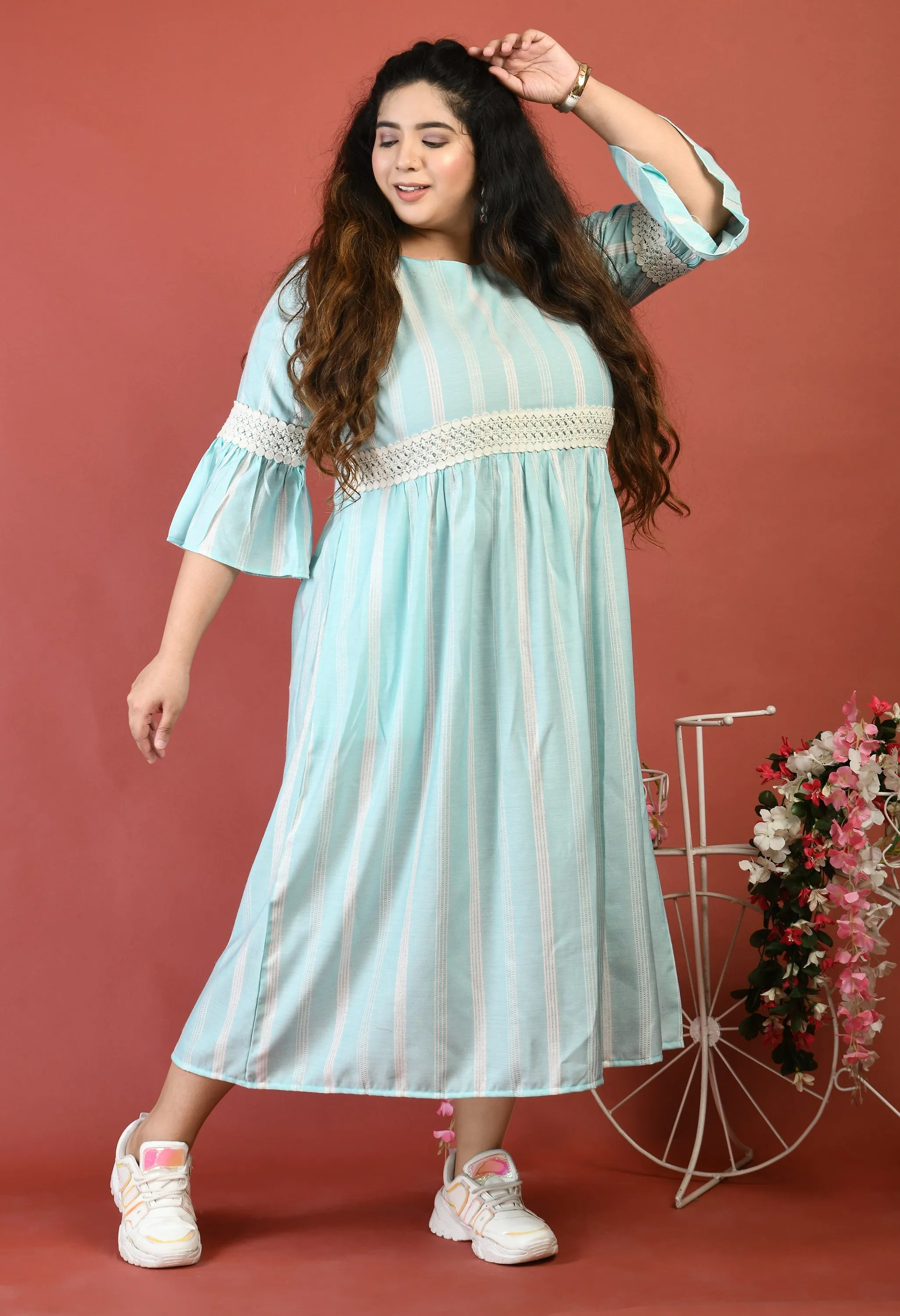 Plus Size Plus Size Sea Green Striped Lace Dress