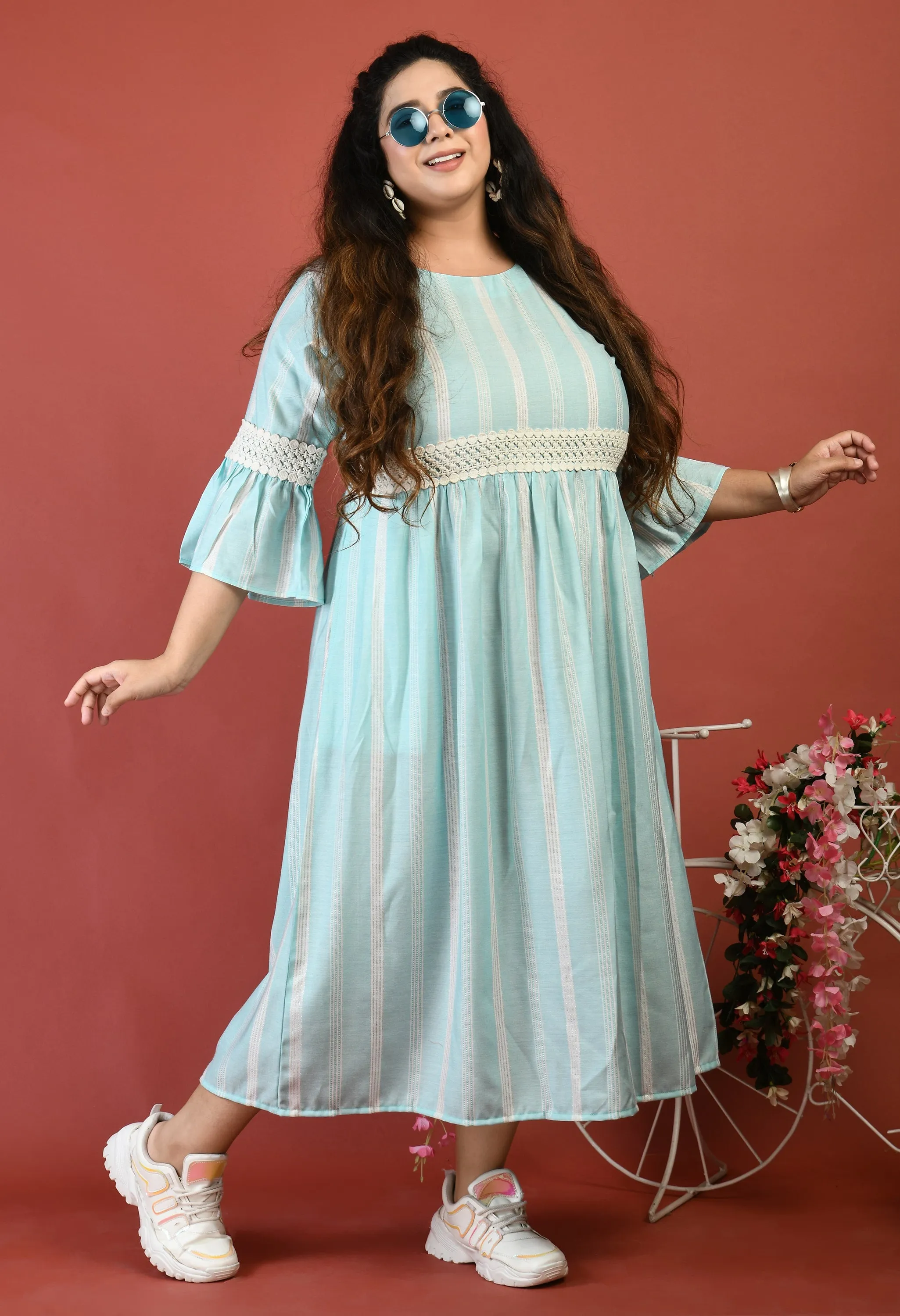 Plus Size Plus Size Sea Green Striped Lace Dress