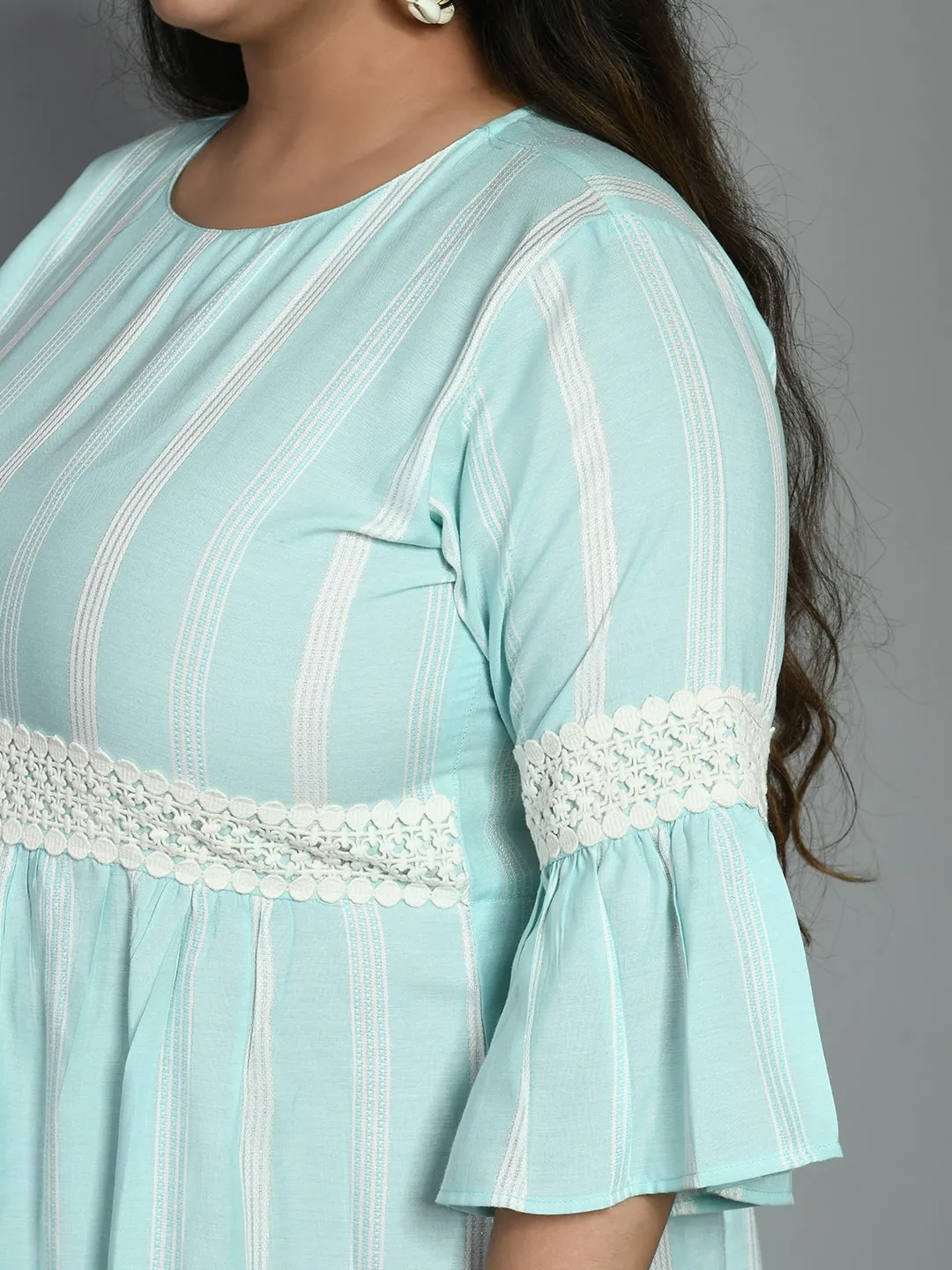 Plus Size Plus Size Sea Green Striped Lace Dress