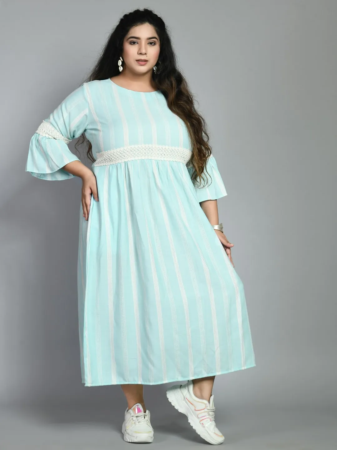 Plus Size Plus Size Sea Green Striped Lace Dress