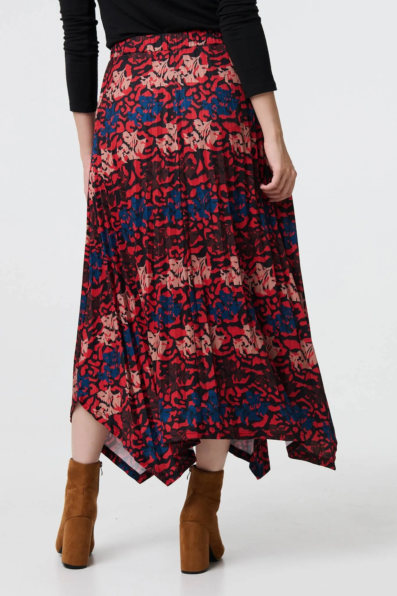 Printed Box Pleat Hanky Hem Midi Skirt