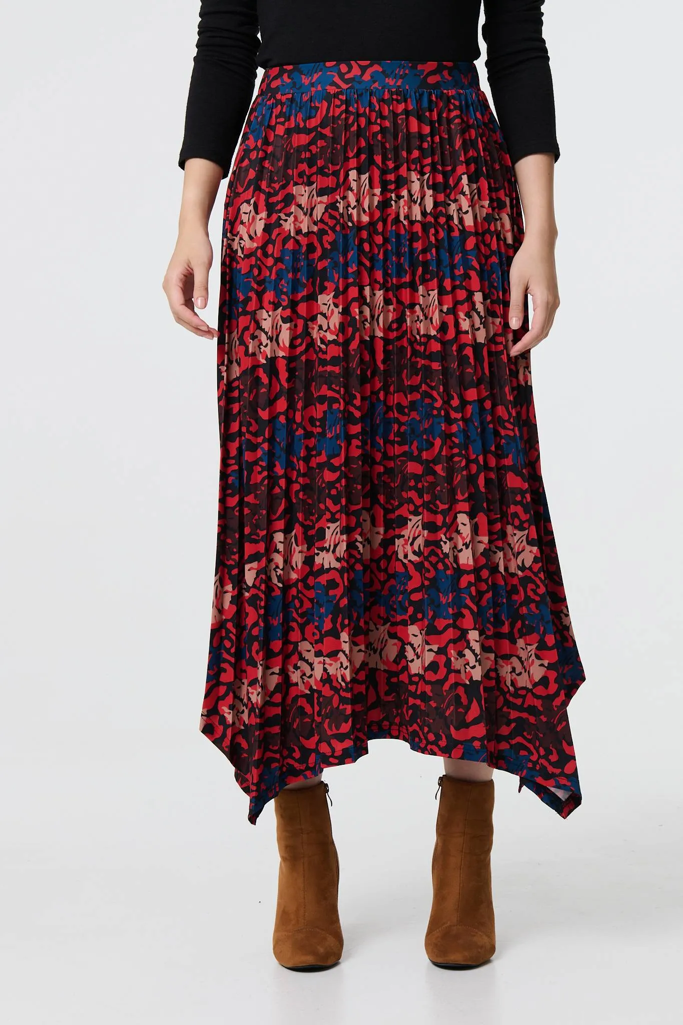 Printed Box Pleat Hanky Hem Midi Skirt