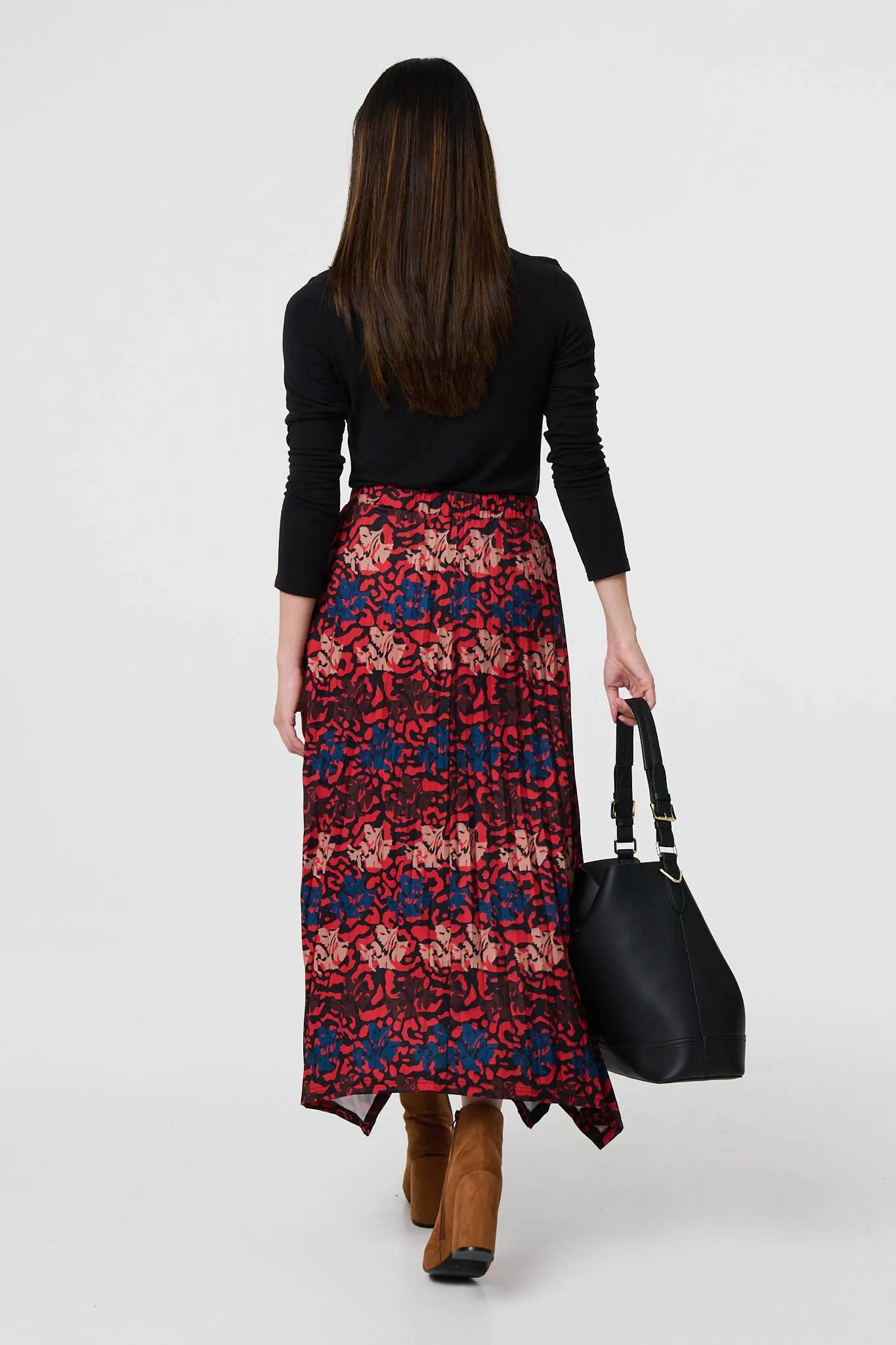 Printed Box Pleat Hanky Hem Midi Skirt